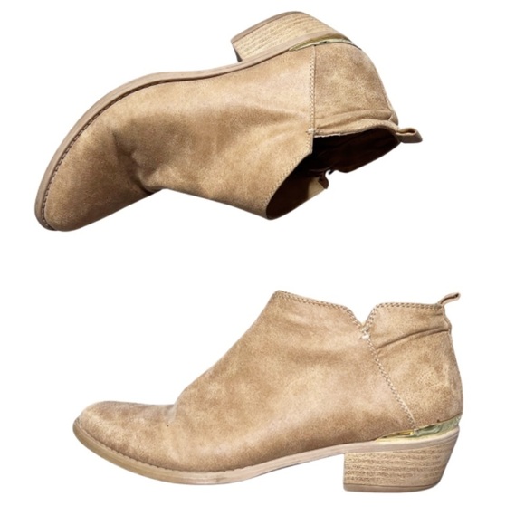 Qupid Women's Suede Chestnut Brown Beige Gold Accent Zip Up Ankle Boot Booties - Picture 13 of 16